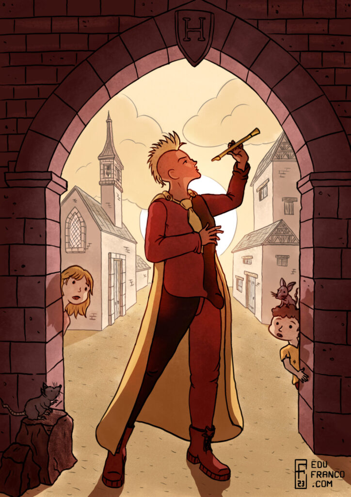 Ilustración Infantil el flautista de hamelín cuento A4